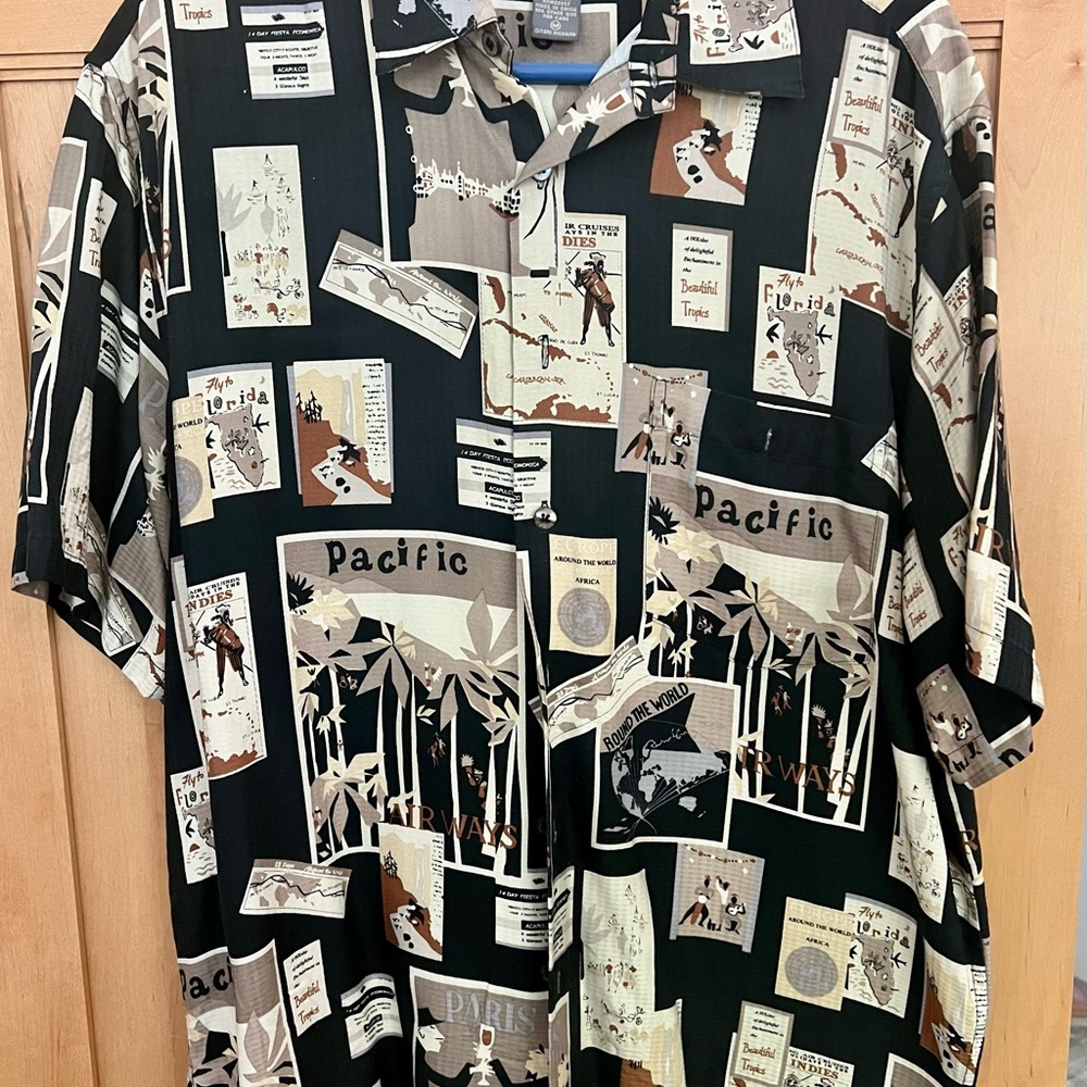 Tori Richard Silk Vintage Travel Theme Men’s Black Beige Grey Shirt Medium